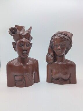 Anak Agung Fatimah Balinese Hand-Carved Brown Wood Bust Sculptures 1960